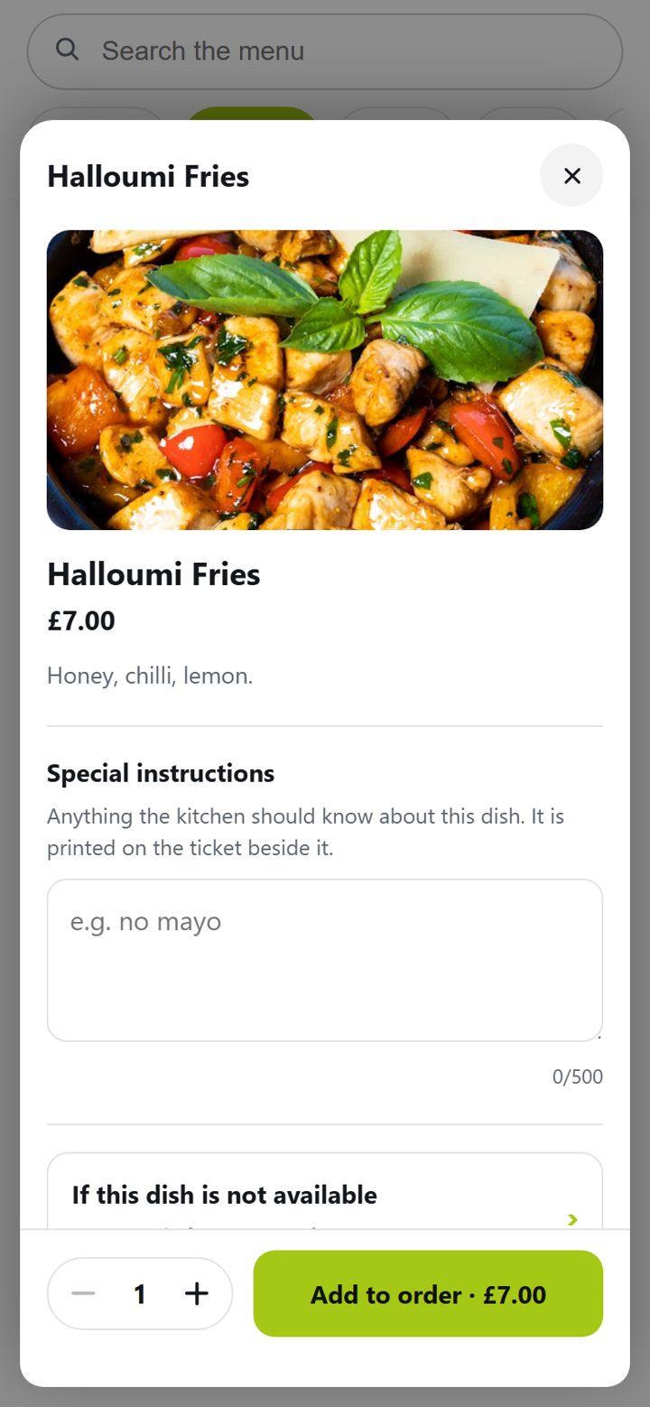 A dish opened, with special instructions and Add to order