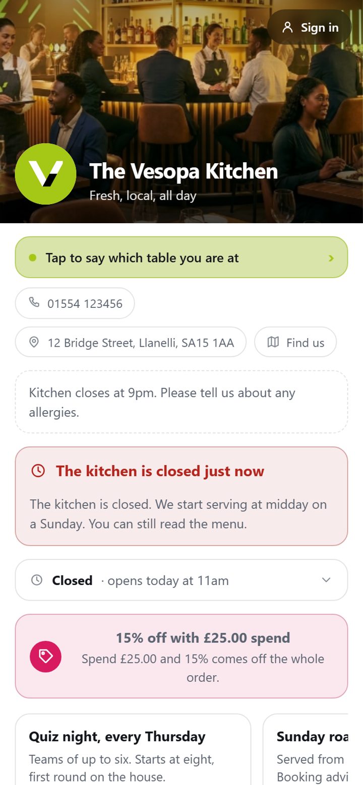 The Vesopa Kitchen demo menu on a phone